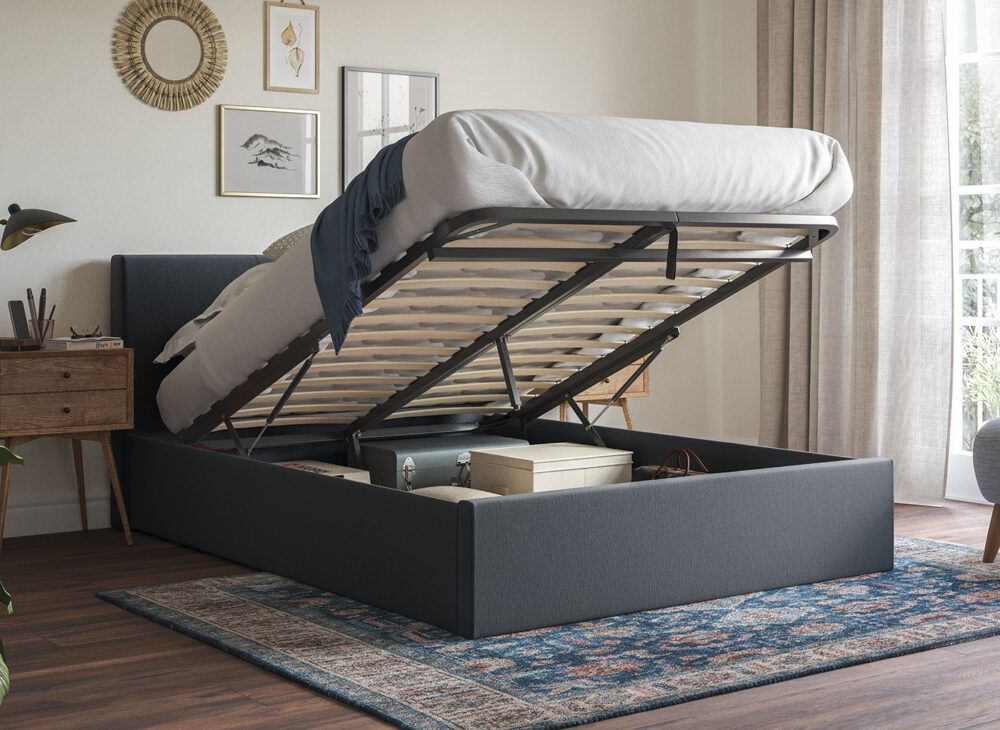 Yardley grey fabric ottoman bed frame open