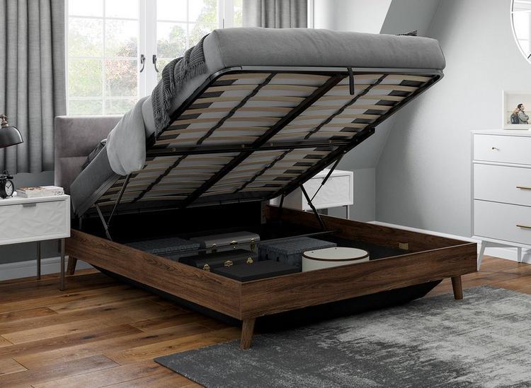 Grey velvet double bed frame, raised to display the shadow ottoman storage area.