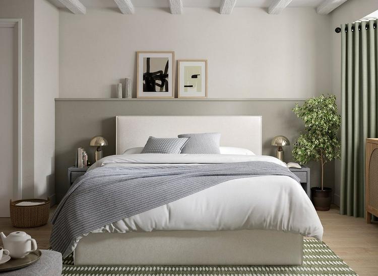 olive green, grey and white bedroom design with small metallic notes such as golden picture frames and bedside lamps.