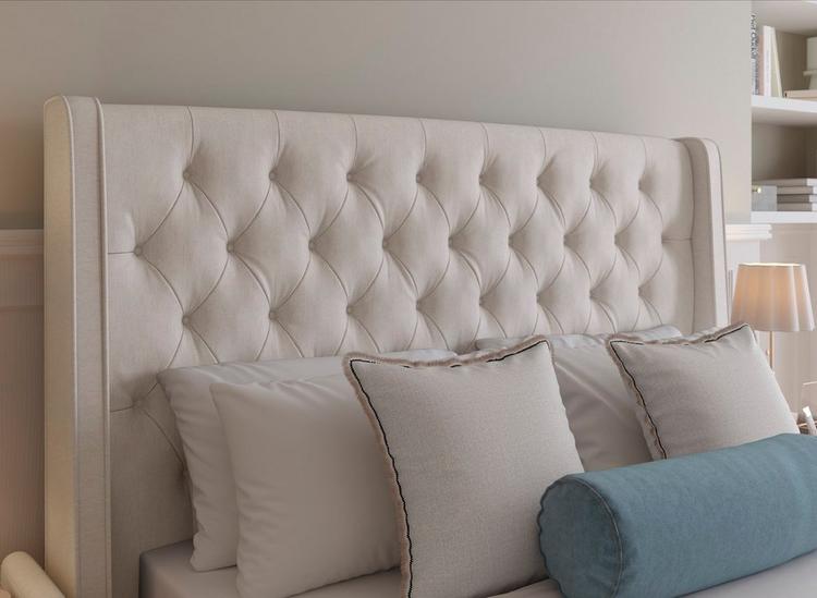 Natural tone upholstered bed frame with high buttoned headboard