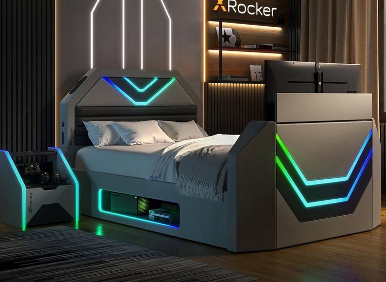 A gaming bed complete with RBG lighting, styled in a modern bedroom.