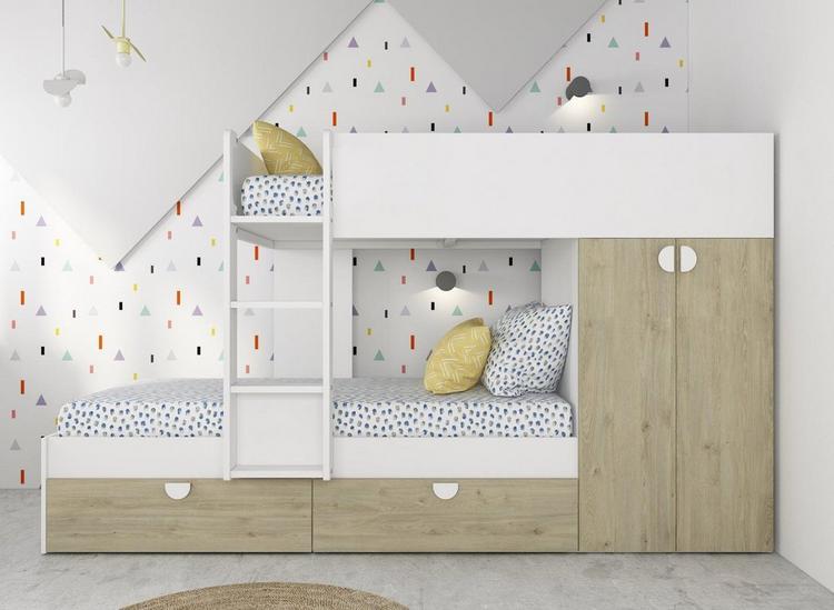 A kids bunk bed with built-in wardrobe and drawers, styled in a white kids room.