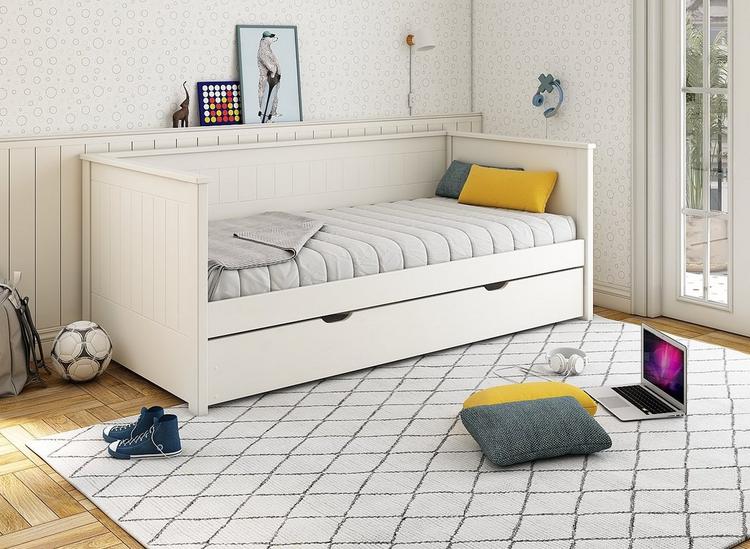 White wooden day bed with storage drawer, in a classic panelled design