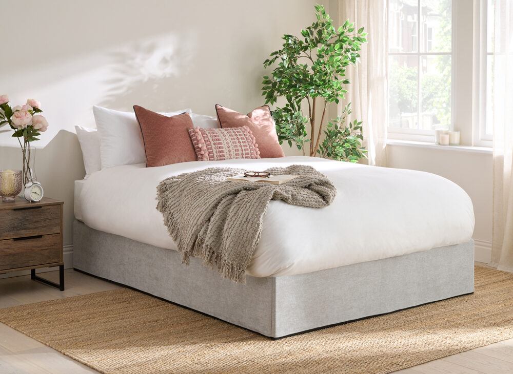 Cosmopolitan Quick Build Platform Bed Frame in grey with pink accessories