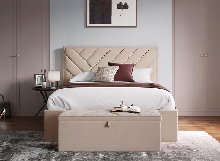 Taupe velvet-finish bed frame, styled in a neutral bedroom with a blanket box at the end of the bed