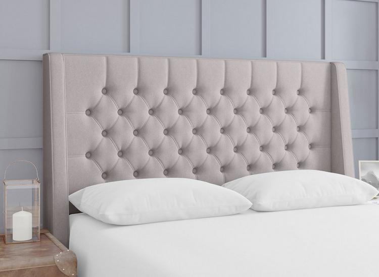 Therapur Buckler buttoned winged headboard in soft grey.