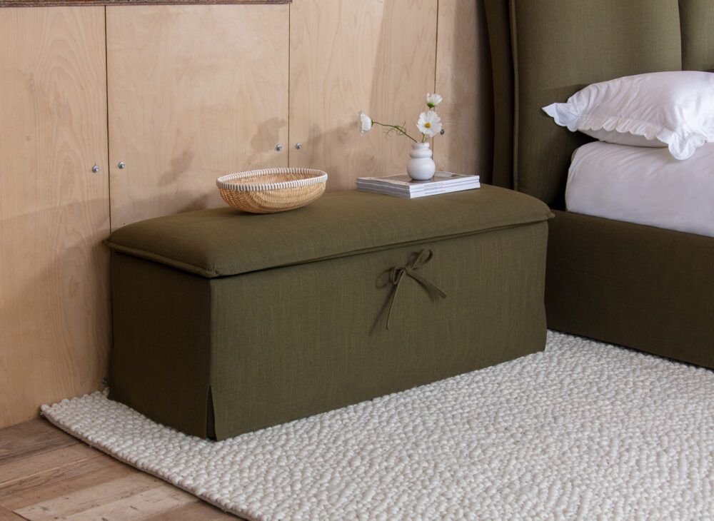 Sophie Conran Pillowrest blanket box and Seraphine ottoman bed in Olive