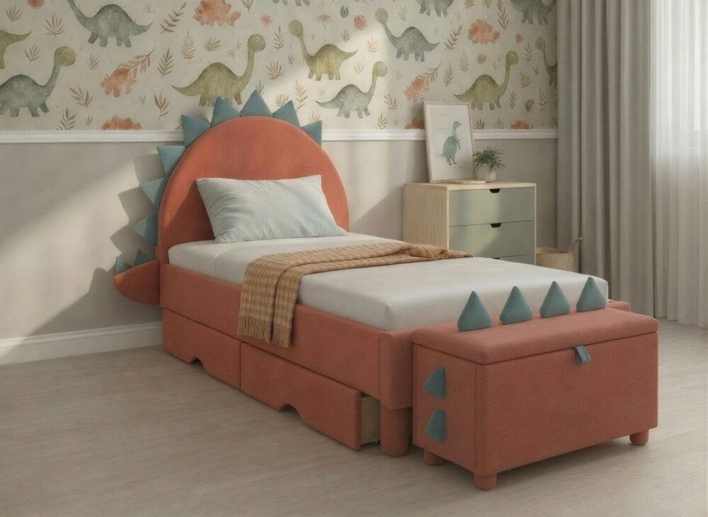 Frankie Velvet-Finish Kids Dino Bed Frame side angle
