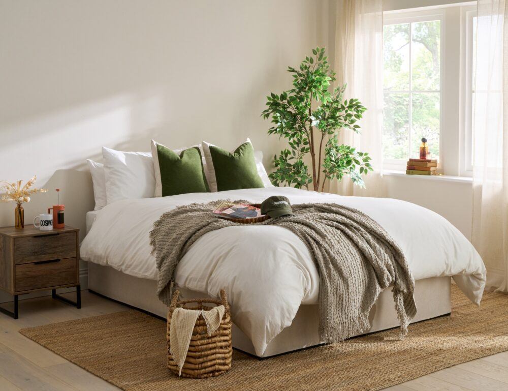 COSMO SHOOT Cosmopolitan Quick Build Platform Bed Frame in beige with green earthy accessories