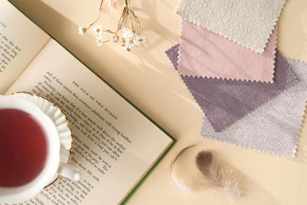 Moodboard of pale pink fabric swatches