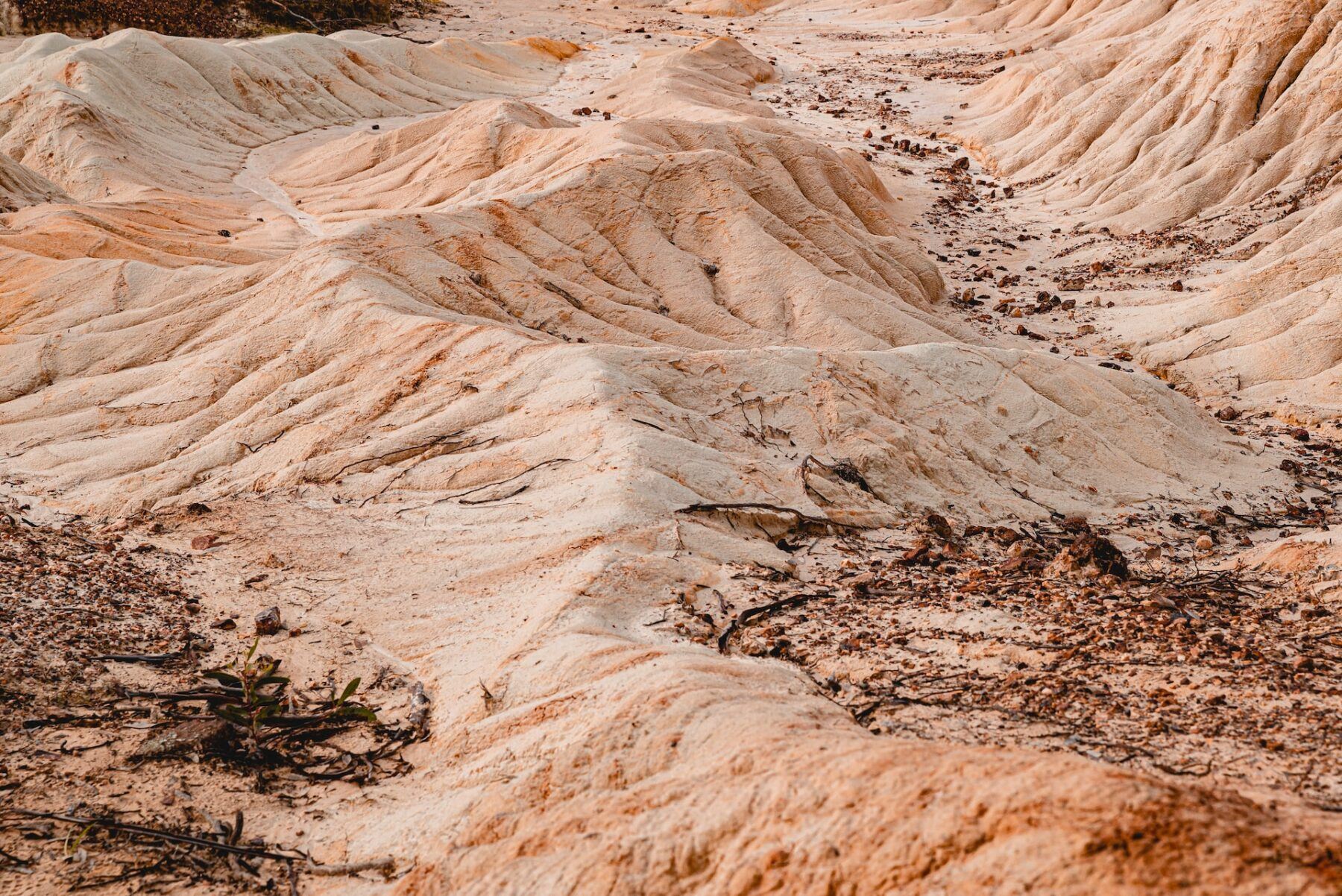 zoomed in image of a rugged desert landscape with sandy tones and differently elevated areas