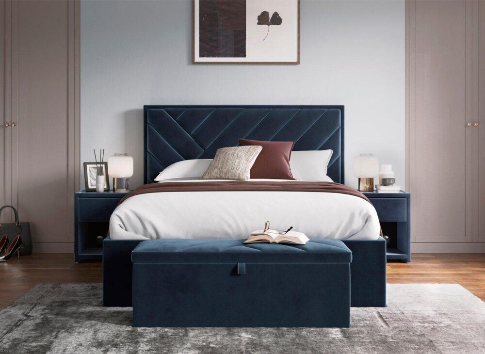 Jay Velvet-Finish Ottoman Bed Frame and matching blanket box in navy