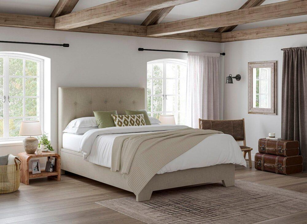 Jenkins bed in oatmeal - upholstered natural colour bed frame with an ottoman