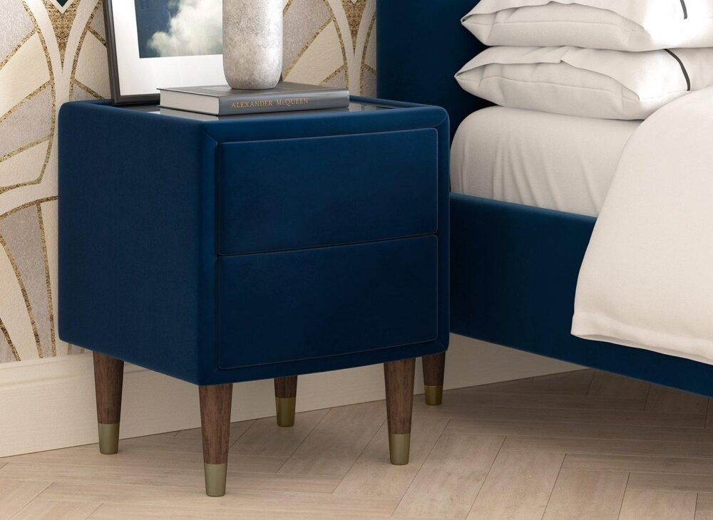Mount Batten Velvet-Finish Bedside Table in navy with gold metallic accents