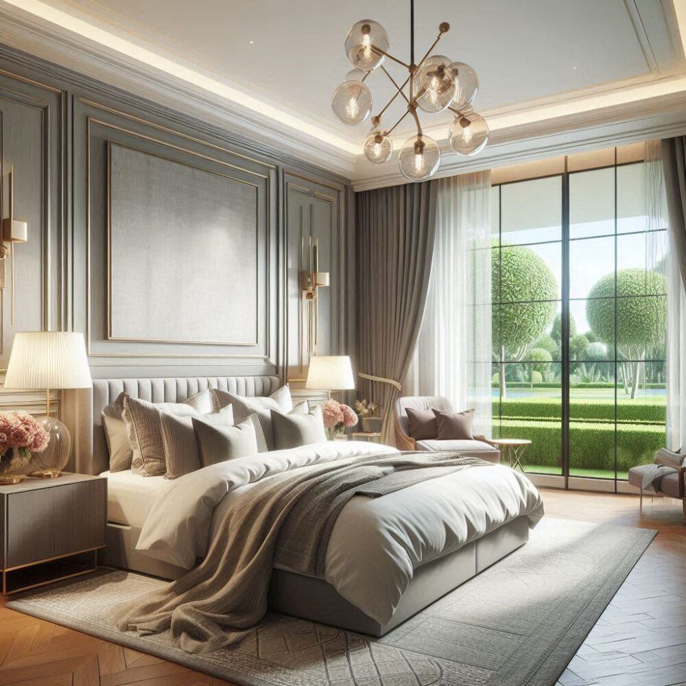 AI-generated bedroom featuring transitional interior design, blending traditional and contemporary design features.