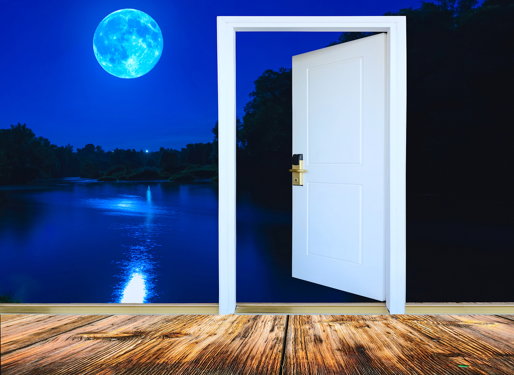 A white open doorway that leads from a wooden floor to a moonlit lake.
