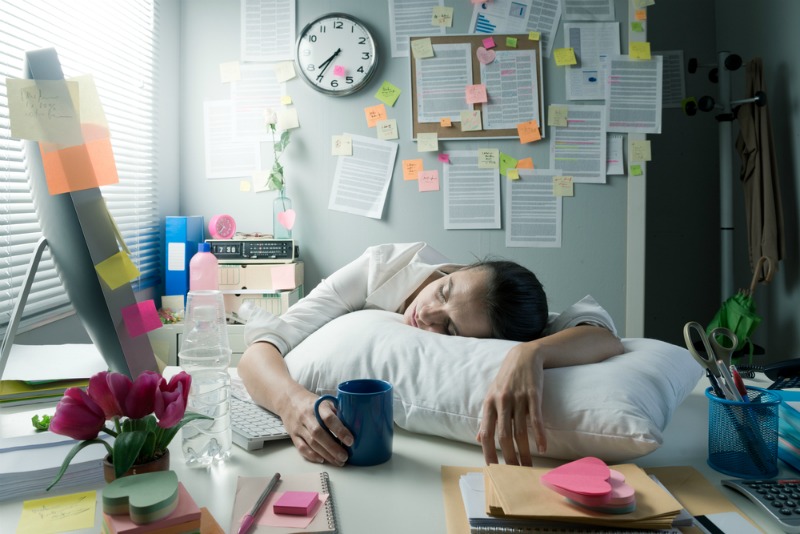 A woman sleeping on a pillow in an office, holding a blue mug and surrounded by work notes.