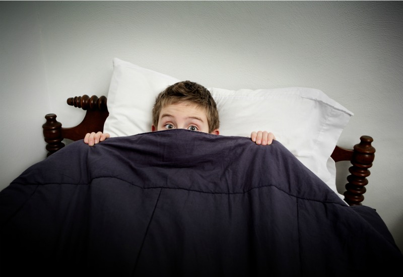 Boy in bed holding up covers