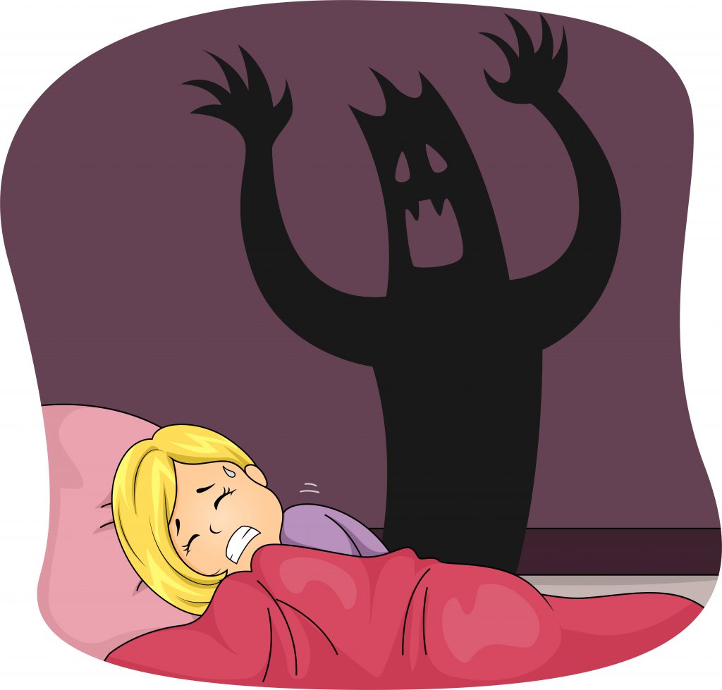 Illustration d'une jeune fille au lit faisant des cauchemars d'un monstre