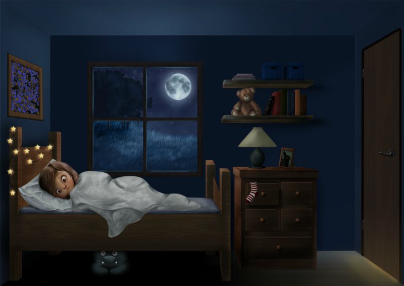 Illustration of child kept awake by monster under the bed